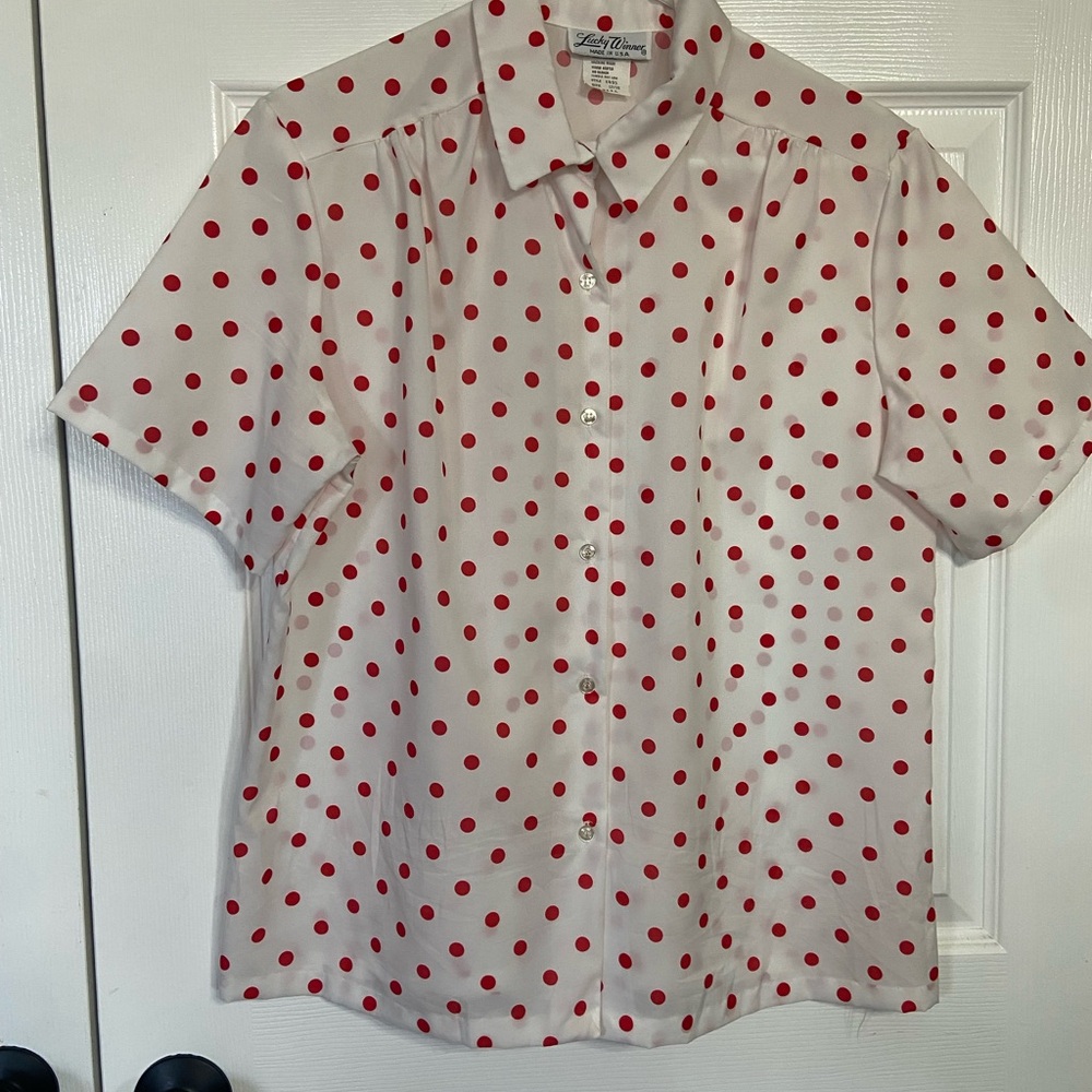 Vintage lucky winner red polka dot button blouse